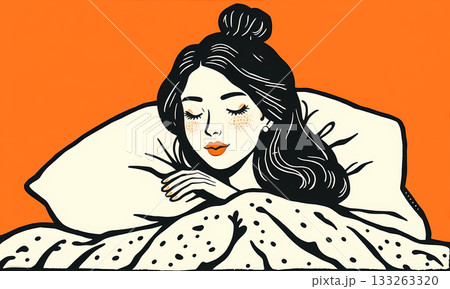 illustration of girl cozily lying in bed with pillow illustration of girl cozily lying in bed with pillow 133263320
