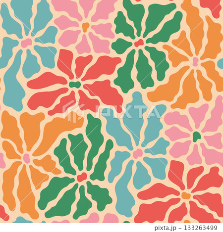 Bold abstract groovy wavy flowers. Retro floral hand drawn vector seamless background for wrapping paper, card, textile. Contemporary trendy botanical hippie design. 133263499