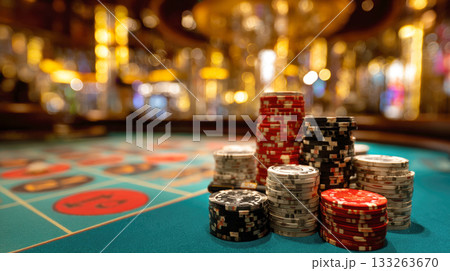 A close-up of brightly stacked poker and roulette chips (red, black, gray) on a turquoise felt table in a luxury casino, with the warm, blurry, golden lights of the gaming floor and chandeliers A close-up of brightly stacked poker and roulette chips (red, black, gray) on a turquoise felt table in a luxury casino, with the warm, blurry, golden lights of the gaming floor and chandeliers 133263670
