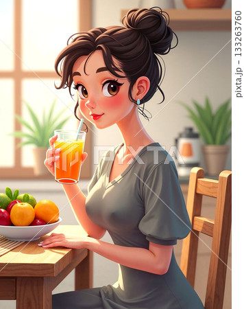 Cute cartoon woman drinking fresh orange juice in kitchen. Happy female character sitting at table with fruit bowl. Healthy breakfast lifestyle illustration. 133263760