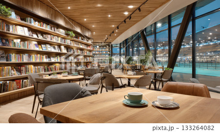 Stylish book cafe with long bookshelves, wooden tables set with coffee cups, and a panoramic view of an adjacent sports facility. Perfect for leisure, literature, and modern interior design concepts 133264082