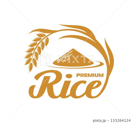 Brown rice ear icon, premium food product sign. Natural cereal products farmer market vector sign, healthy food organic farm icon. Quality rice store symbol with rice grains hip, ear and leaves 133264124