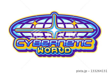 Cybernetic world globe Y2K retro icon or badge. Geography globus funky vector symbol, cybernetic technology planet globe wireframe Y2K emblem. Earth sphere mesh icon with SCI FY colorful typography 133264131