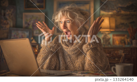 An excited senior woman reacts with shock and joy to content on her laptop in a warmly lit, cluttered room. Excellent for concepts of online news, surprise, winning, or tech reaction An excited senior woman reacts with shock and joy to content on her laptop in a warmly lit, cluttered room. Excellent for concepts of online news, surprise, winning, or tech reaction 133264140