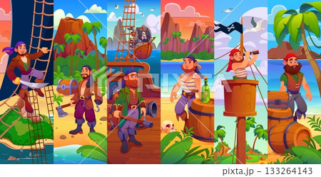 Cartoon pirate crew characters collage. Vector bearded pirate crew characters climb ropes, guard treasure chest, search the horizon and relaxed with rum bottles at corsair ship and treasure island 133264143