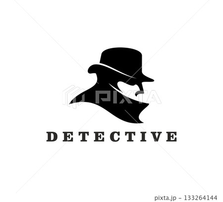 Detective agency investigator icon or sign. Private investigator sign, security agency inspector vector icon. Police agent or detective symbol with man in coat and hat silhouette, retro typography 133264144