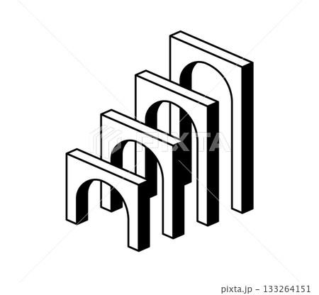 Psychedelic trippy surreal Y2K arch corridor. Trippy Y2K arch, psychedelic funky vector element. Retro surreal portal or geometric graphic shape with different size arches standing in line 133264151