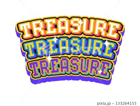 Pirate treasure retro Y2K sticker or symbol. Pirate treasure hunting patch, piracy and sailing Y2K vector tag. Filibuster marine label or sticker with colorful pixelated typography text 133264153