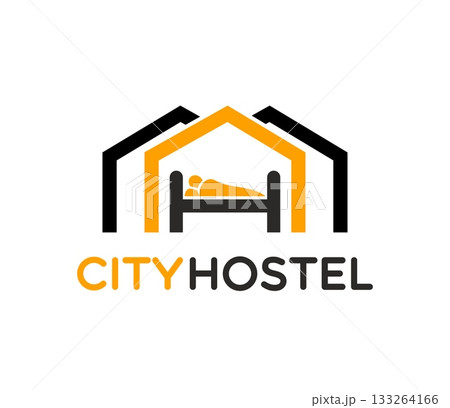 Hostel motel business graphic icon or badge. Resort hotel graphic emblem, travel hostel vector sign. Rental accommodation business icon or motel company symbol with typography and person in bed 133264166