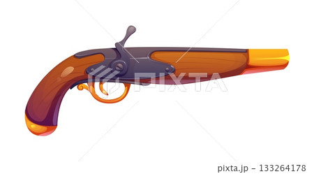 Corsair pirate flintlock pistol cartoon weapon. Corsair skipper 18th century isolated vector pistol, pirate medieval gun. Filibuster sailor isolated gunpowder weapon or with golden handle and barrel Corsair pirate flintlock pistol cartoon weapon. Corsair skipper 18th century isolated vector pistol, pirate medieval gun. Filibuster sailor isolated gunpowder weapon or with golden handle and barrel 133264178