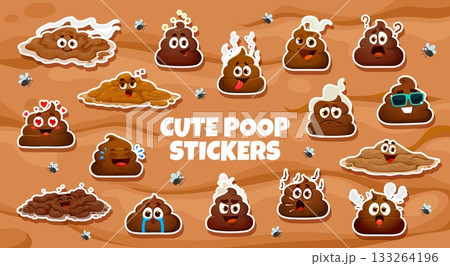 Cartoon poop emoji stickers pack, vector kawaii meme poop characters with eyes and happy, crying and confused, in love and shocked emotions. Funny poo and shit emojis with flies on mud background 133264196