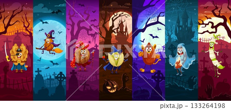 Creepy wizard and mage nut Halloween characters vector collage. Cartoon pirate walnut, flying witch almond, wizard nut, pistachio sorcerer, cat hazelnut, ghost peanut and mummy pea in spooky cemetery Creepy wizard and mage nut Halloween characters vector collage. Cartoon pirate walnut, flying witch almond, wizard nut, pistachio sorcerer, cat hazelnut, ghost peanut and mummy pea in spooky cemetery 133264198