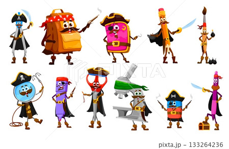 Cartoon education school stationery pirate and corsair crew characters. Funny pencil, student bag, microscope and pen pirate vector personages with captain hats, treasure chest and corsair bandana Cartoon education school stationery pirate and corsair crew characters. Funny pencil, student bag, microscope and pen pirate vector personages with captain hats, treasure chest and corsair bandana 133264236