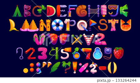 Travel vacation font, summer typeface, tropical type, English alphabet letters, numbers and symbols with beach items, fruits, toys, sunglasses, palms, slippers and sandcastles. Vector cartoon kids abc Travel vacation font, summer typeface, tropical type, English alphabet letters, numbers and symbols with beach items, fruits, toys, sunglasses, palms, slippers and sandcastles. Vector cartoon kids abc 133264244