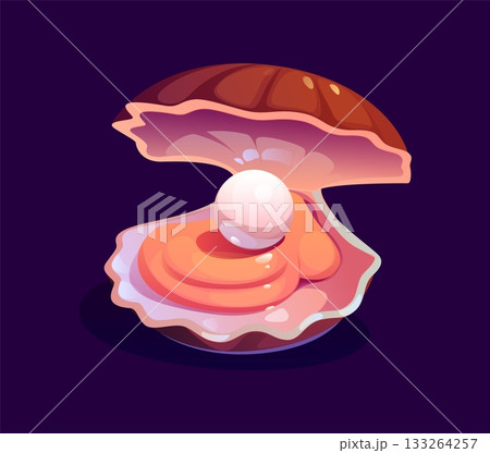 Cartoon marine precious pearl shell or oyster clam. Marine valuable isolated vector seashell, underwater life precious scallop mollusk. Ocean nature jewelry oyster clam or sea bottom rare pearl shell 133264257