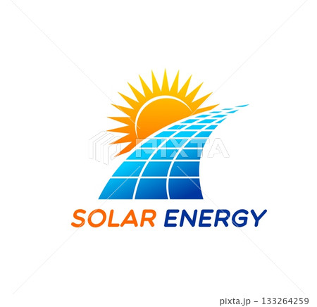 Solar clean energy system icon or emblem. Clean power company emblem, renewable electric service vector symbol. Eco electricity technology label or icon with sun and path of solar panel cells 133264259