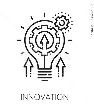 Innovation ESG line icon or emblem. Company ESG development lineart vector pictogram, responsible social governance symbol. Sustainable environmental technology icon with idea bulb lamp, cogwheel 133264292