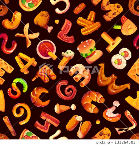 Fast food font letters seamless pattern. Fabric cartoon vector pattern. Fast food meal seamless print with bacon, pizza, sushi and french fries, hamburger, nuggets and chips English alphabet letters Fast food font letters seamless pattern. Fabric cartoon vector pattern. Fast food meal seamless print with bacon, pizza, sushi and french fries, hamburger, nuggets and chips English alphabet letters 133264303