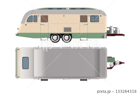Isolated mobile house. Top and side views of the trailer. Family van for country living. Modern campervan drawing. Vintage portable wagon for holidays 133264318