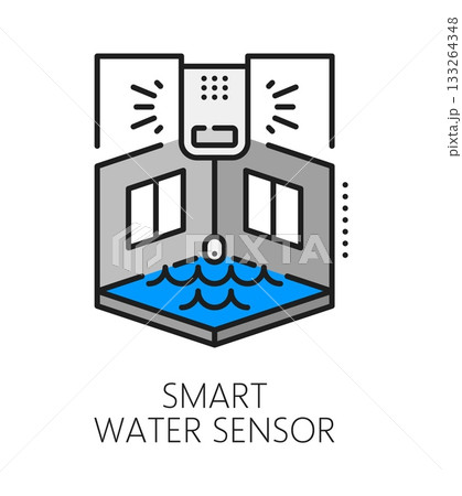 Home security smart water sensor color line icon or sign. House security, water leakage protection lineart vector icon. House pipe damage alarm system pictogram with room and water flood alarm sensor Home security smart water sensor color line icon or sign. House security, water leakage protection lineart vector icon. House pipe damage alarm system pictogram with room and water flood alarm sensor 133264348