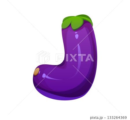 cartoon letter j shaped like eggplant, agriculture typeface, farm font, harvest type, funny English alphabet features glossy purple vegetable with a green cap. Vector healthy food, farming, plant abc 133264369