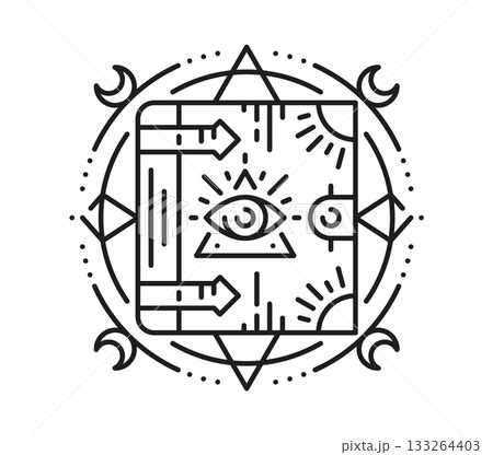 Egyptian sacred book esoteric line tattoo or sign. Egyptian culture sacred lineart vector sign, Africa mythology esoteric print. Ancient civilization tattoo with book, pyramid and eye of providence 133264403