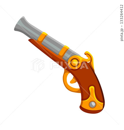 Corsair pirate captain medieval pistol weapon photo booth prop. Cartoon flintlock pistol isolated vector icon, filibuster bandit gunpowder firearm weapon kids photo booth prop with golden handle 133264412