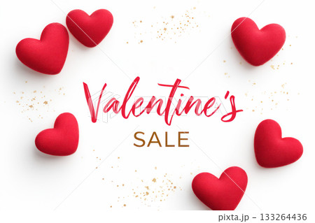 Red heart-shaped decorations arranged artistically on a white background, promoting a Valentine's Day sale concept with festive ambiance 133264436