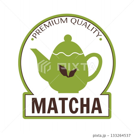 Tea logo. Matcha premium quality icon. Ceramic teapot. Japanese powder fresh beverage. Teatime sticker. Green plant leaves. Drink tableware. Product emblem design. Vector label template Tea logo. Matcha premium quality icon. Ceramic teapot. Japanese powder fresh beverage. Teatime sticker. Green plant leaves. Drink tableware. Product emblem design. Vector label template 133264537