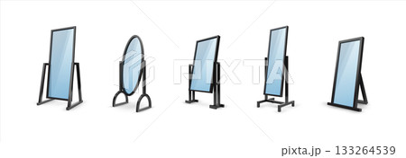 3d mirror. Isometric floor stand. Dressing room frame for modern bedroom. Oval and rectangular border with reflective glass surface. Furnishing element. Isolated furniture vector set 133264539