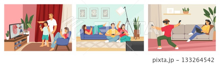 People at home. Kid use internet on mobile device or laptop. Virtual reality headset. Man with computer or digital game tablet. Augmented simulation. Room interior. Family funs vector set 133264542