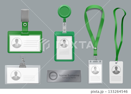 Lanyard badge. Employee ID card. Clip holder with reel strap. Identification staff 3D accessories. Corporate blank board. Name display. Office identity. Vector realistic objects set 133264546