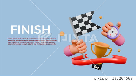 3d run race. Rally banner. Checkered flag in hand. Finish goal on track. Render arm with stopwatch. Competition record. Arrival to start time. Winner goblet. Speed racing. Vector background 3d run race. Rally banner. Checkered flag in hand. Finish goal on track. Render arm with stopwatch. Competition record. Arrival to start time. Winner goblet. Speed racing. Vector background 133264565