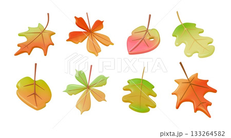 3d autumn leaves. Fallen maple leaf, yellow oak and green forest chestnut fall foliage october icon or september season render isolated shapes. Minimal realistic gradient. Vector icons set 3d autumn leaves. Fallen maple leaf, yellow oak and green forest chestnut fall foliage october icon or september season render isolated shapes. Minimal realistic gradient. Vector icons set 133264582