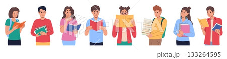 Book readers. Young woman student, man people person in library enjoying literature. Standing cute couple, knowledge and education studying group. Vector cartoon flat style isolated set Book readers. Young woman student, man people person in library enjoying literature. Standing cute couple, knowledge and education studying group. Vector cartoon flat style isolated set 133264595
