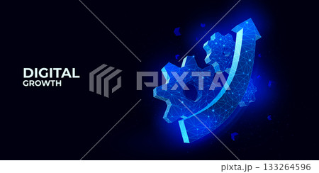 3d gear background. Digital growth banner. Arrow development. Engine motor poly cog wheels. Cogwheel technology. Wireframe polygon glow mechanism. Work organization. Vector background 3d gear background. Digital growth banner. Arrow development. Engine motor poly cog wheels. Cogwheel technology. Wireframe polygon glow mechanism. Work organization. Vector background 133264596