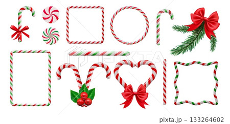 Candy cane frame. Christmas stick border. 3D lollipop line pattern or red and white strip. Caramel bonbon. Sweet corners. Coniferous branch with red ribbon. Vector holiday Xmas decor set Candy cane frame. Christmas stick border. 3D lollipop line pattern or red and white strip. Caramel bonbon. Sweet corners. Coniferous branch with red ribbon. Vector holiday Xmas decor set 133264602