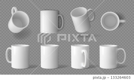 Mug mockup. White coffee cup with handle different sides and top view, 3d ceramic template or isolated brand corporate design for logo, blank design, hot beverage porcelain. Vector illustration Mug mockup. White coffee cup with handle different sides and top view, 3d ceramic template or isolated brand corporate design for logo, blank design, hot beverage porcelain. Vector illustration 133264603