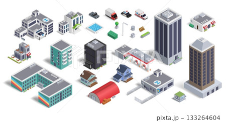 3D buildings. Isometric city map. Business skyscraper. School and shop. Industry factory. Town police station. Home facade. Road car. Urban hotel. Vector isolated cityscape elements set 133264604