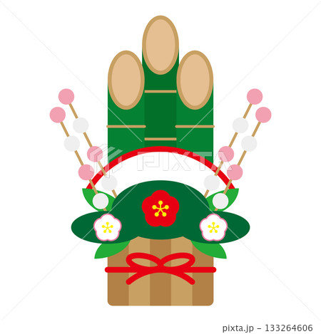 門松と餅花のイラスト　正月イメージ　白背景 133264606