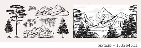 Colorado mountains. Rock range. Wild forest trees. Vintage line snow camp scene or wilderness redwood tattoo. Nature panorama drawing. Woodland landscape. Vector sketch elements set 133264613