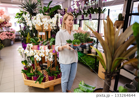 Florist Holding a Tray of Plants in a Flower Shop Florist Holding a Tray of Plants in a Flower Shop 133264644