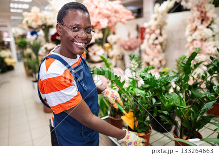 Smiling florist taking care of plants in a flower shop 133264663