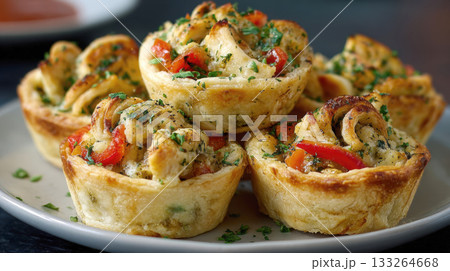 Gourmet Savory Monkey Bread or Pull-Apart Muffins Stuffed with Chicken, Roasted Red Peppers, and Herbs, Baked in Golden Crusts and Piled High for an Appetizing Snack or Party Food 133264668