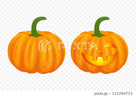 Vector Halloween Pumpkin Set with Carved Faces. Cute Cartoon Pumpkins Set. Colorful Halloween Stickers for Autumn Harvest, Fall Decoration, Thanksgiving, Festive Design 133264753