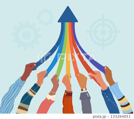 Diverse hands unite colorful paths into a single upward arrow to represent shared business growth Diverse hands unite colorful paths into a single upward arrow to represent shared business growth 133264851