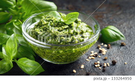 green, homemade pesto sauce in a clear glass bowl, featuring fresh basil, pine nuts, and parmesan cheese. Perfect for pasta, bruschetta, or pizza. Close-up, high-quality food on a dark, rustic surface 133264950