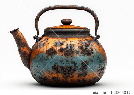 Vintage store. Metal vintage teapot in classic style. Food rustic kitchenware. 133265037