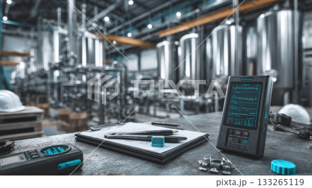 Modern industrial equipment and tools, including a handheld data monitor and clipboard, resting on a workbench. Large stainless steel tanks and pipes in a chemical or beverage factory 133265119