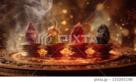 Four mystical, glowing elemental crystals amethyst, citrine, ruby, and coal/obsidian displayed on ornate wooden stands atop an illuminated magic circle, surrounded by smoke and warm, sparkling light 133265190